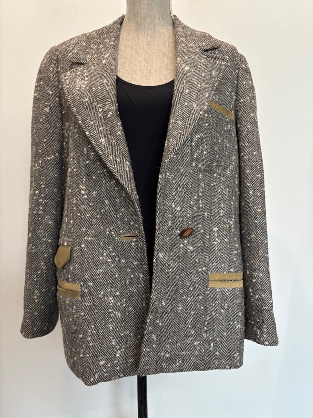 Alan Cherry Herringbone Tweed Blazer Suede Trim Wool Jacket Size 46 - Picture 9 of 15